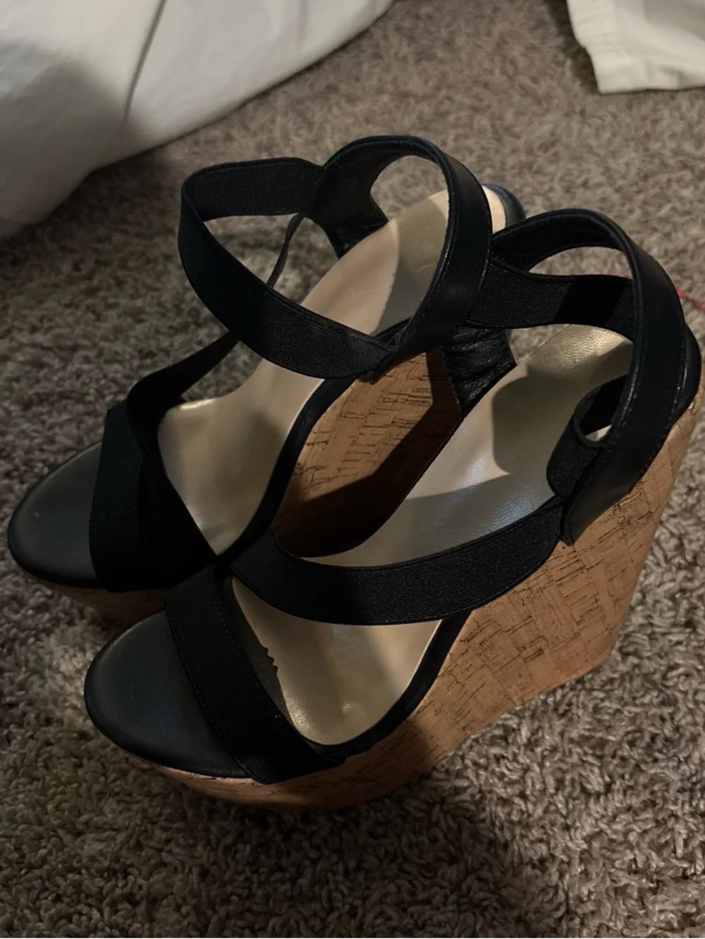 Women's Black Cork Wedge Sandals with Elastic Straps